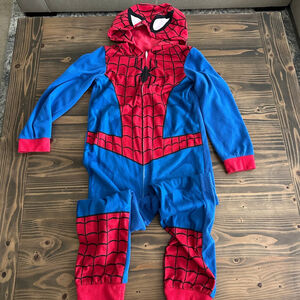 Boys Red & Blue Superhero One-Piece Pajama Suit – Hooded, Flame Resistant M